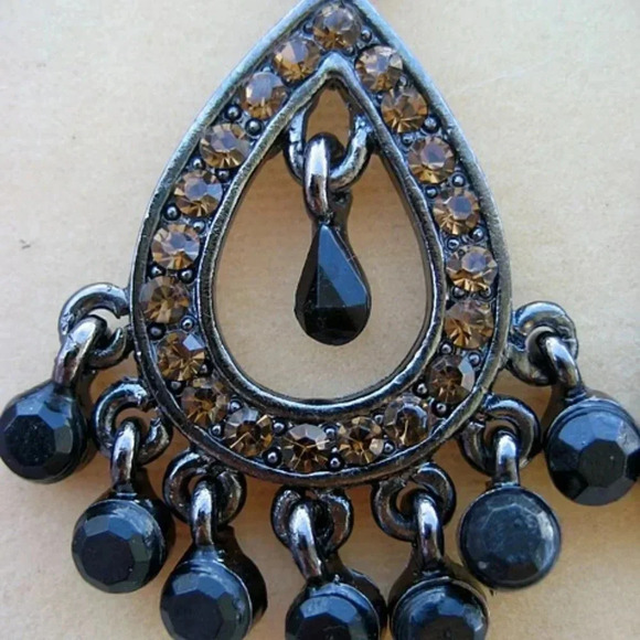 Fancy Design Metallic Black Dangling Earrings with Sparkly Orange Rhinestones - Picture 2 of 3